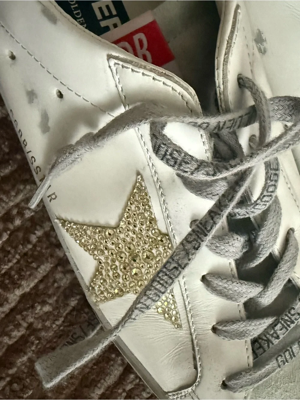 Golden Goose White Leather Sneakers with Gold Crystal Star and Gray Details